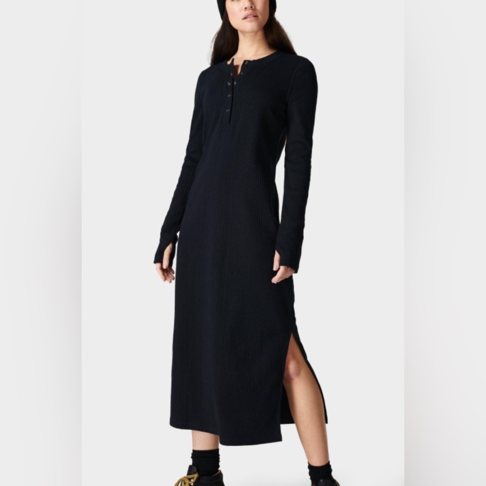 Sweaty Betty Womens Ribbed Knit Henley Midi Dress Side Slit Black Size‎ XS New